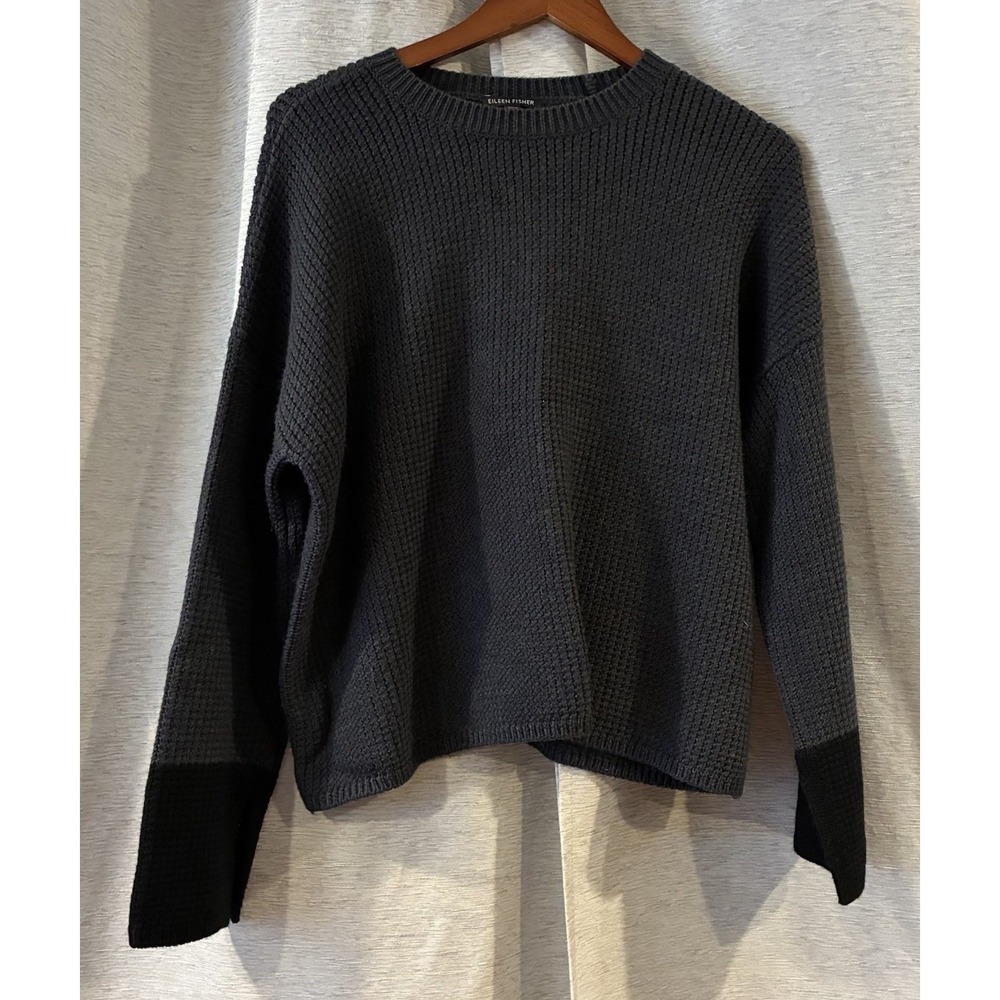 Eileen Fisher Womens Charcoal Colorblock Merino Wool Sweater Sz Medium Boxy